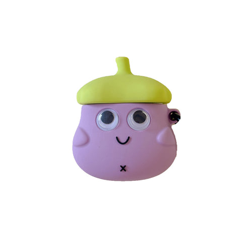 Purple, acorn-shaped earphone case with yellow cap, googly eyes, smiling mouth, X-mark, and a black loop.
