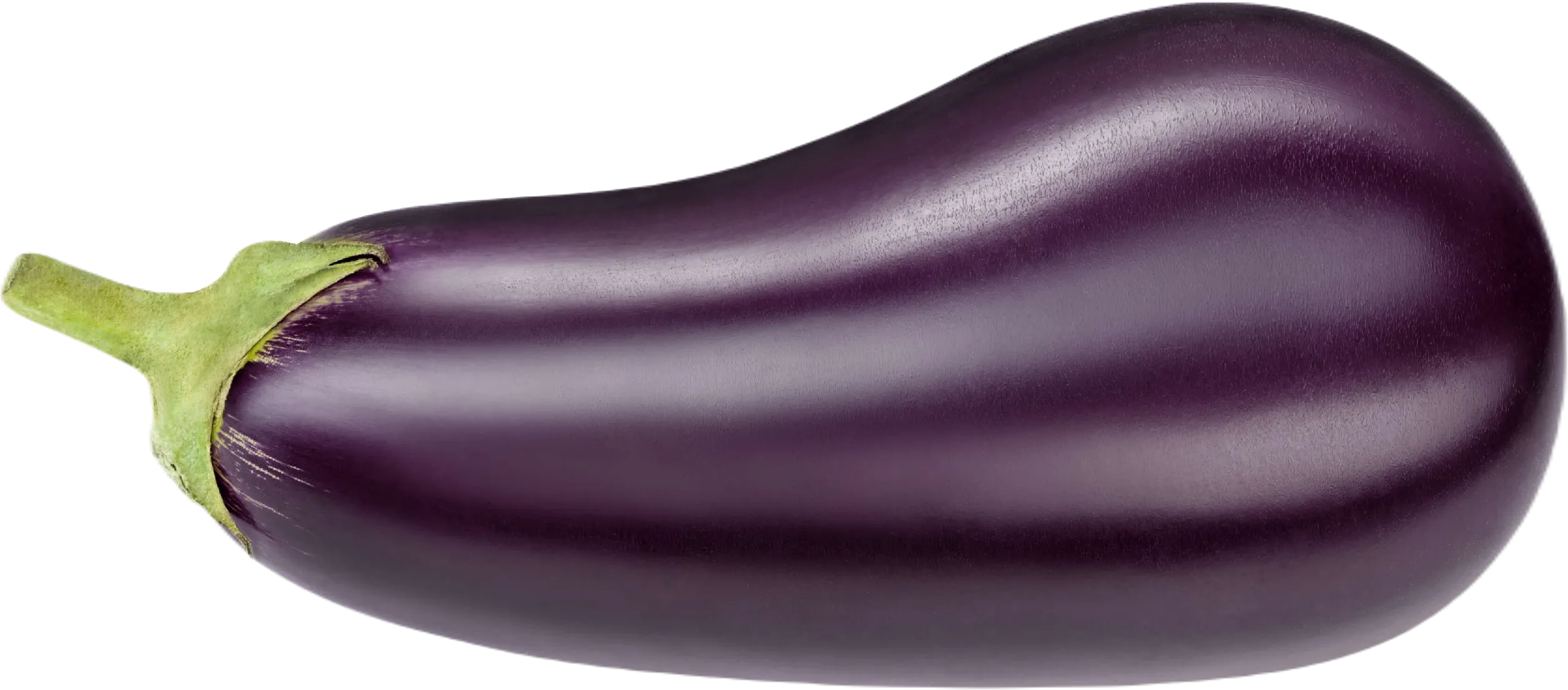 A fresh, whole purple eggplant with a green stem, lying horizontally on a white background.