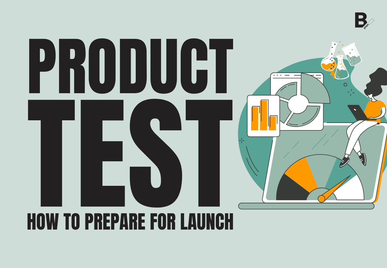 Text: 'PRODUCT TEST HOW TO PREPARE FOR LAUNCH'. Illustration of a woman on a laptop with charts, a speedometer, and lab beakers.