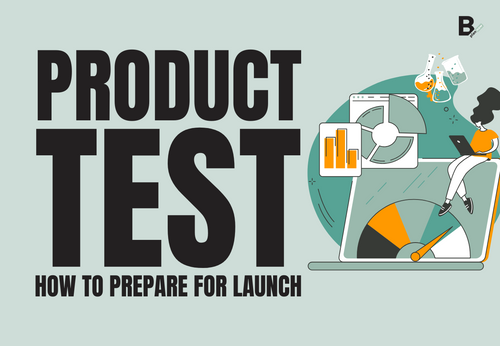 Text: 'PRODUCT TEST HOW TO PREPARE FOR LAUNCH'. Illustration of a woman on a laptop with charts, a speedometer, and lab beakers.