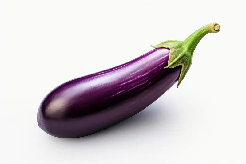 A single, fresh, long purple eggplant with a green stem, lying on a white background.