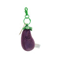 A purple eggplant plush keychain with a green stem, a smiley face, and a green clip. A small tag is visible.