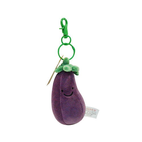 A purple eggplant plush keychain with a green stem, a smiley face, and a green clip. A small tag is visible.