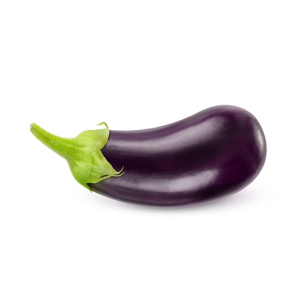 Fresh dark purple eggplant with green stem on white background.