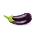Fresh dark purple eggplant with green stem on white background.
